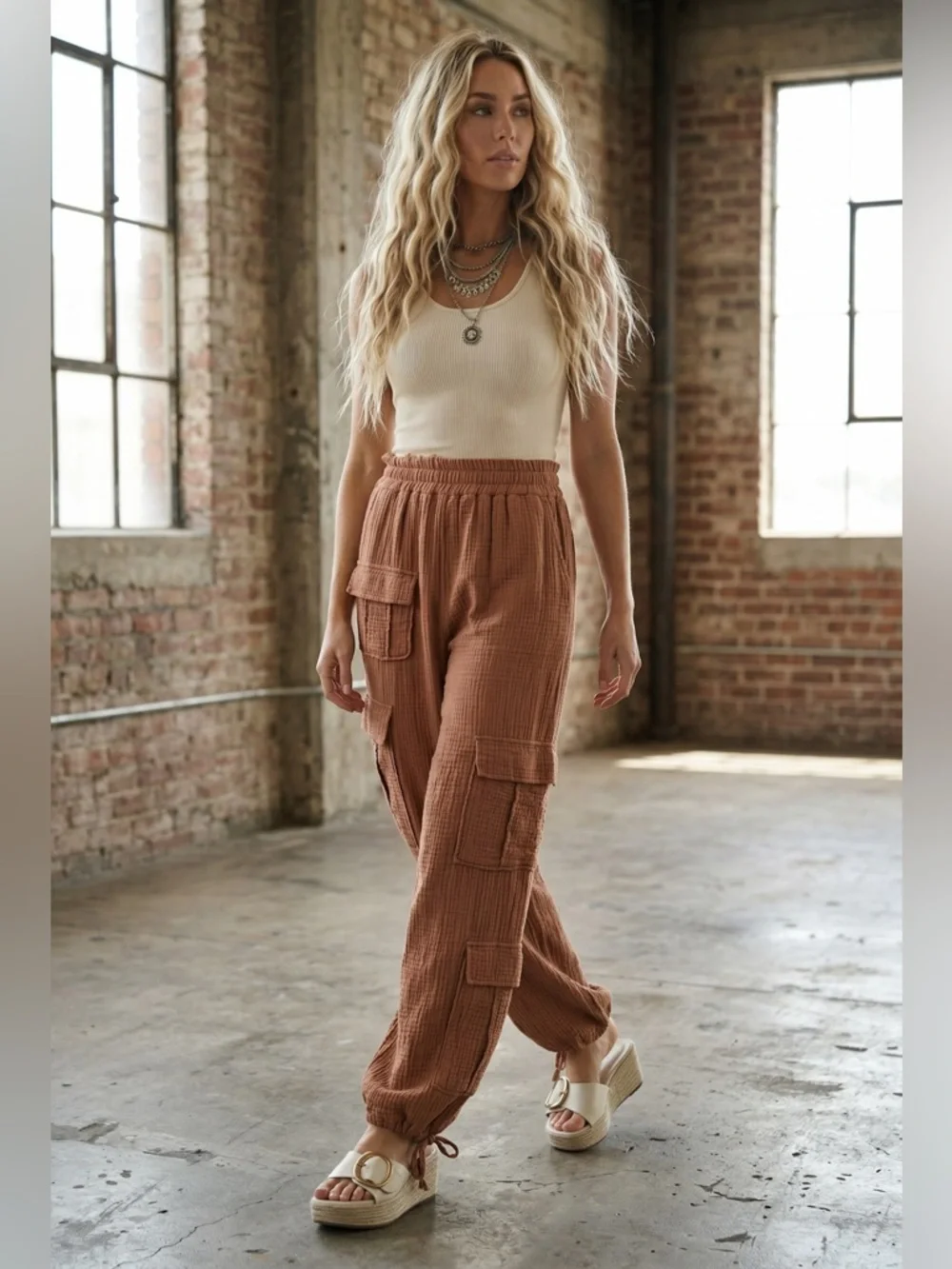 NWT Eesome Mineral Washed Textured Cargo Pocket Jogger Pants Terracotta - Picture 1 of 11